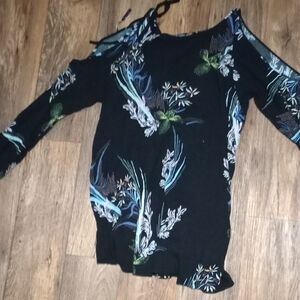 Free People Black Floral Clear Skies  Tunic Swing Cold Shoulder Mini Dress